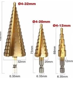 Mechas Escalonadas HSS de Acero x3 Pcs - 4-12 mm / 4-20 mm / 4-32 mm